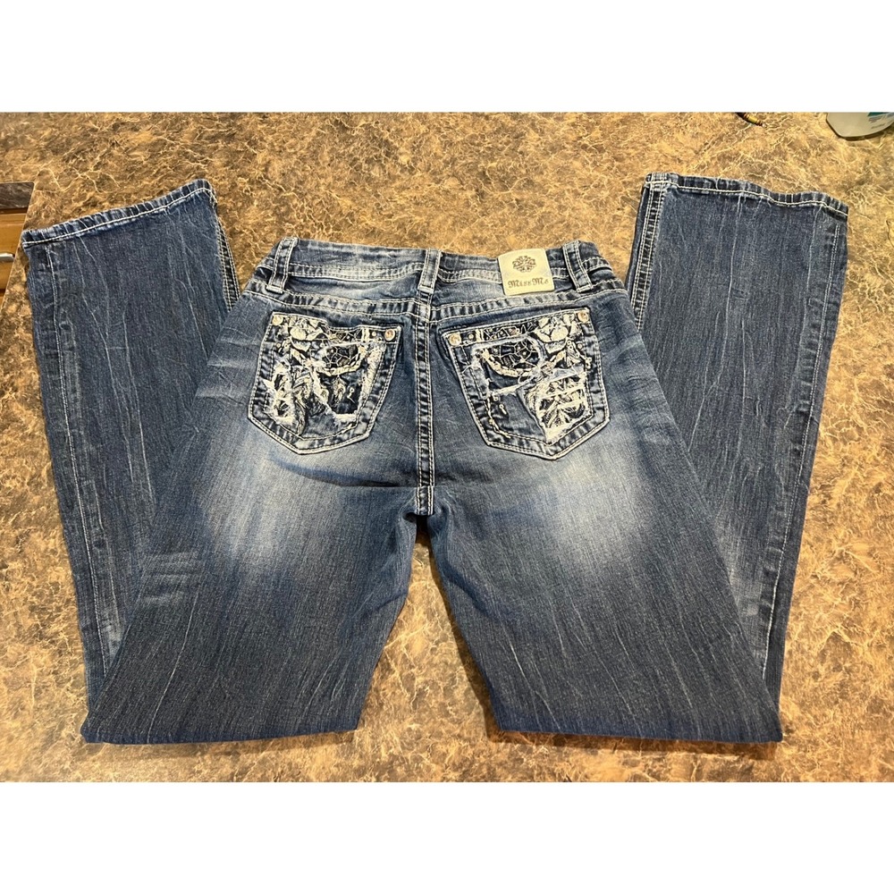Miss Me Mid Rise Curvy Bootcut Jeans Blue Medium Embroidered Size 27 Y2K Western - Picture 6 of 10
